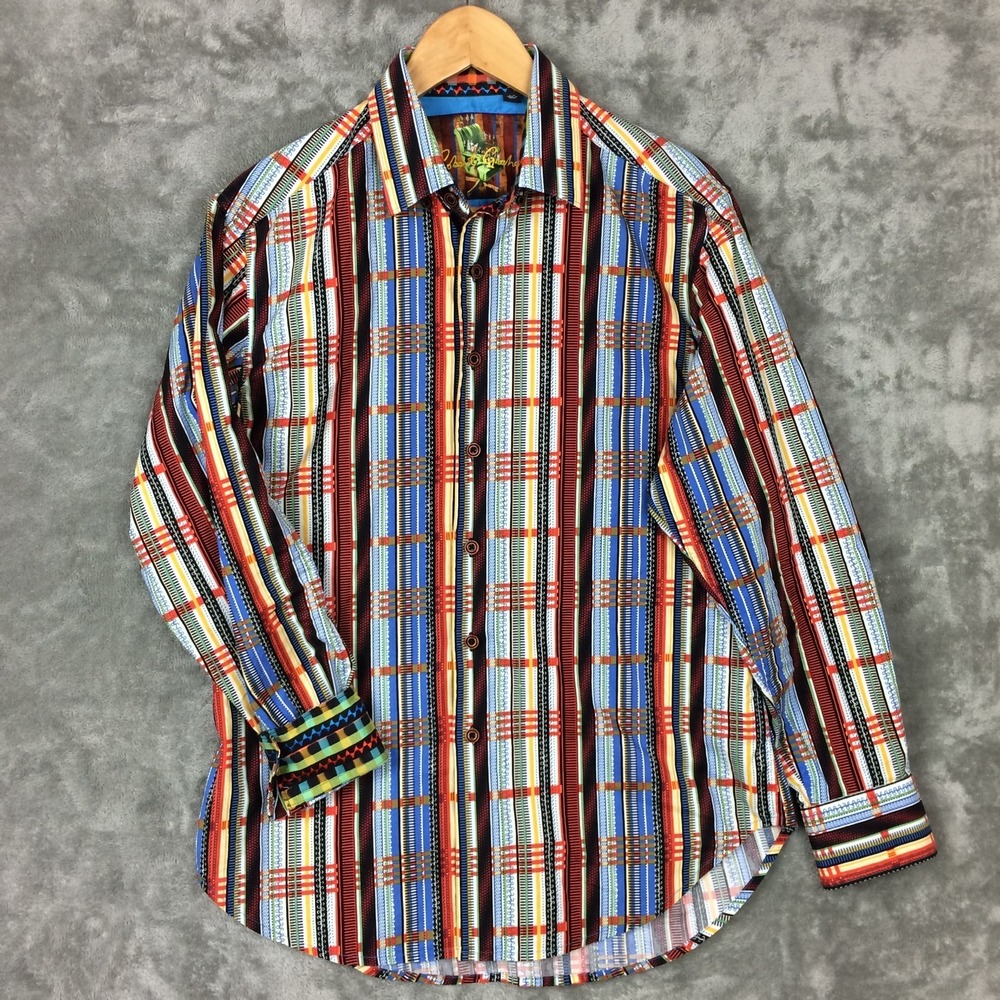 Robert Graham Dress Shirt Mens Small Striped Embroidered Flip Cuff Blue Colorful